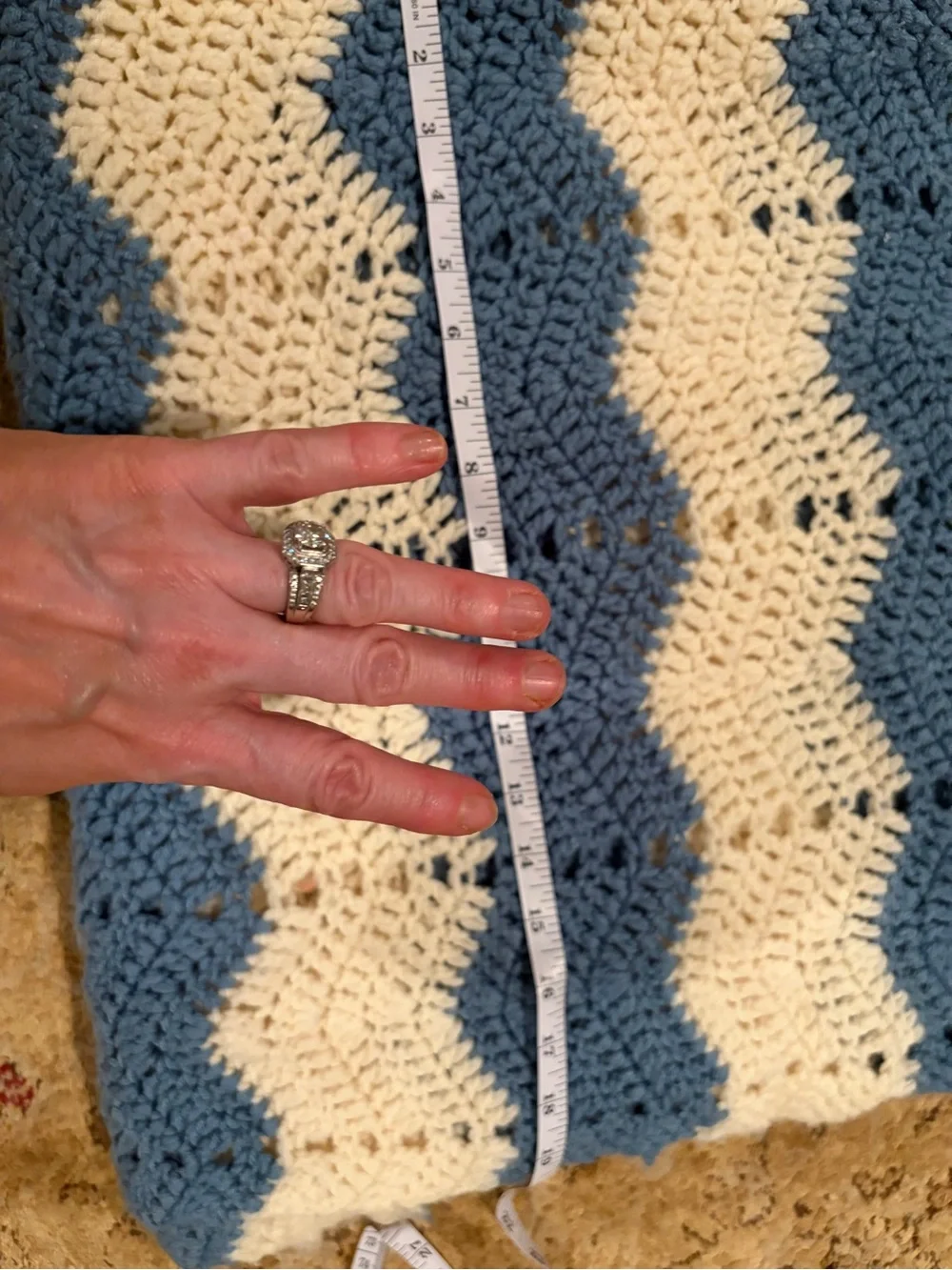 Handmade Blue and Cream Chevron Crochet Throw Blanket afghan 60 x 80